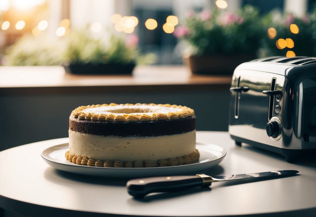 A cake sits on a table, a knife and a toaster nearby