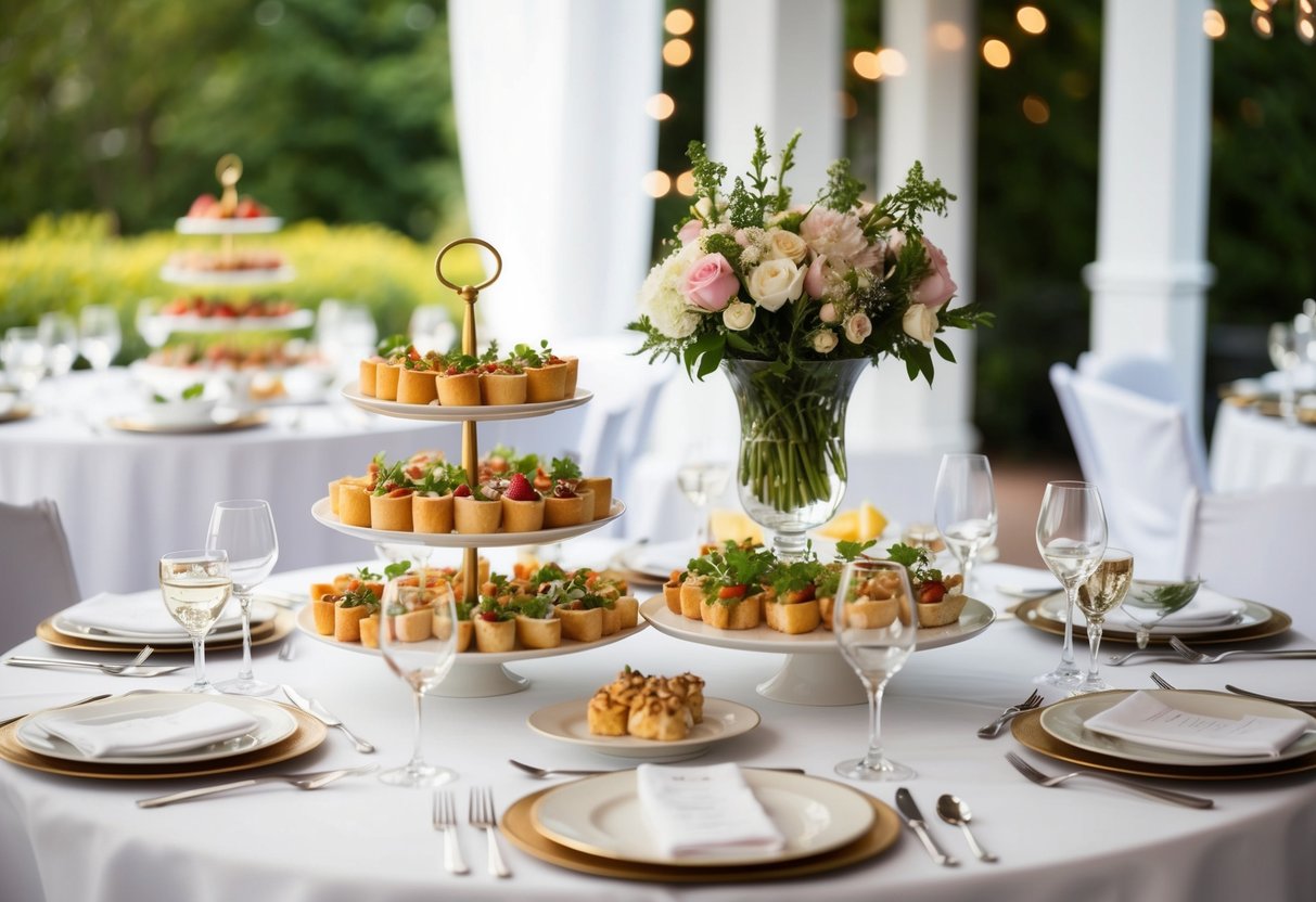 A beautifully set dining table with a tiered display of appetizers, elegant place settings, and a centerpiece of fresh flowers