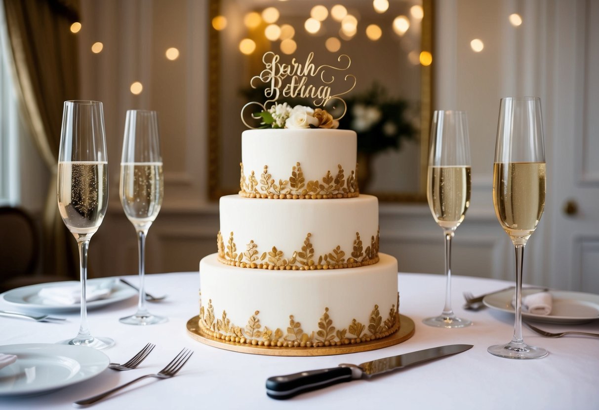 A beautifully decorated cake sits on a table, surrounded by champagne flutes and a knife. The room is adorned with elegant decorations for a celebration