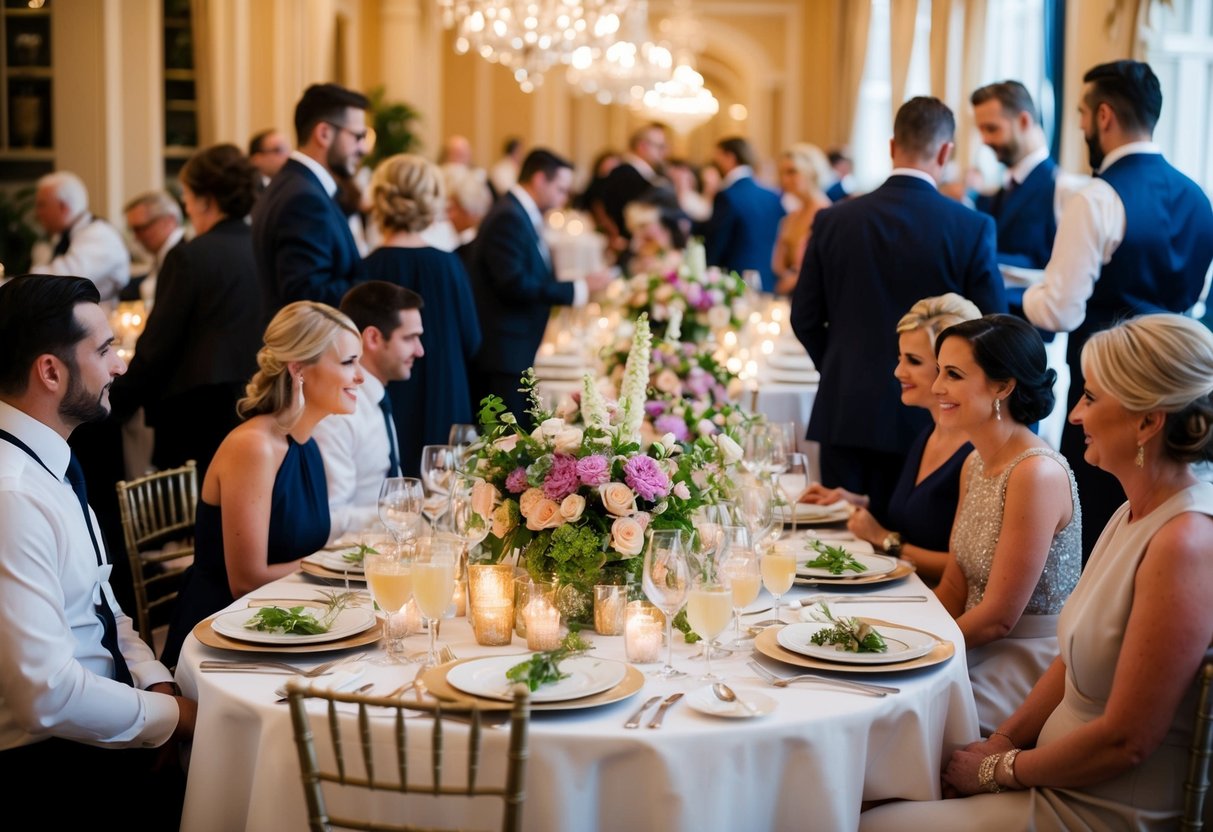 Guests gather around tables, adorned with elegant place settings and floral centerpieces. A sumptuous feast awaits, with tantalizing aromas filling the air