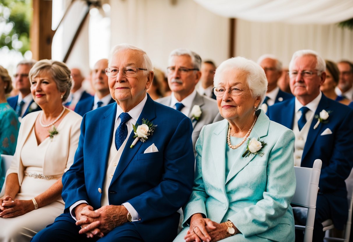 Elderly couple seated at front row of wedding ceremony