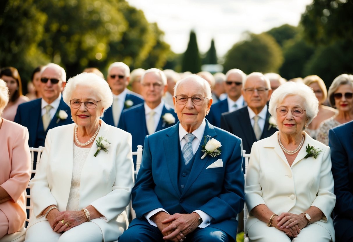Elderly couple seated in front row, followed by other grandparents in order of importance, at a wedding processional