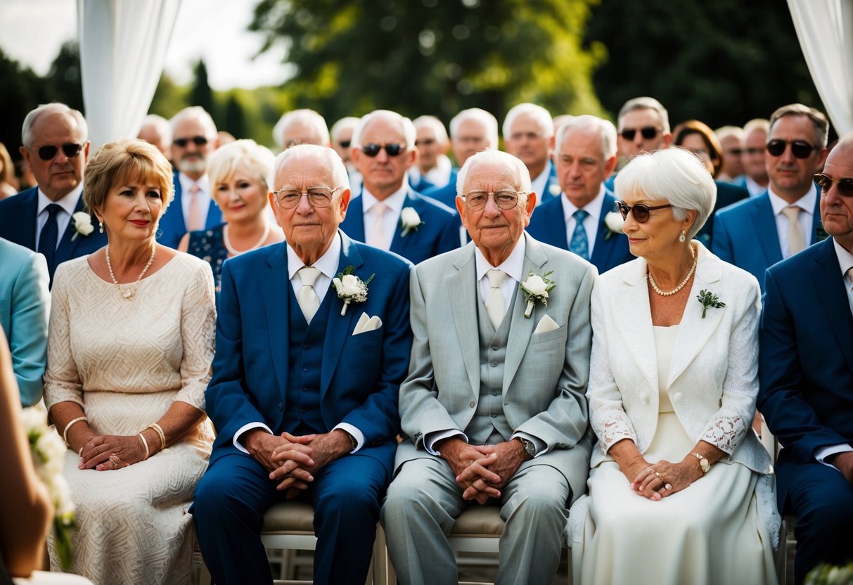 Elderly couple seated at the front of a wedding ceremony, surrounded by family members, with respectful and attentive expressions
