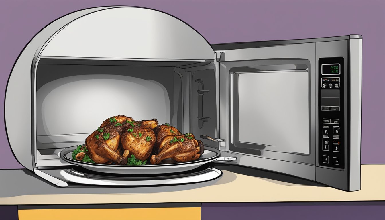 A plate of Jamaican jerk chicken being reheated in a microwave