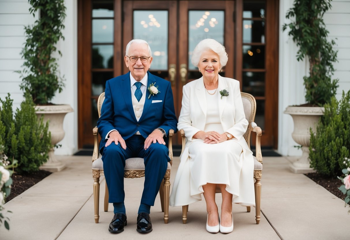 Elderly couple seated in ornate chairs at front of wedding venue