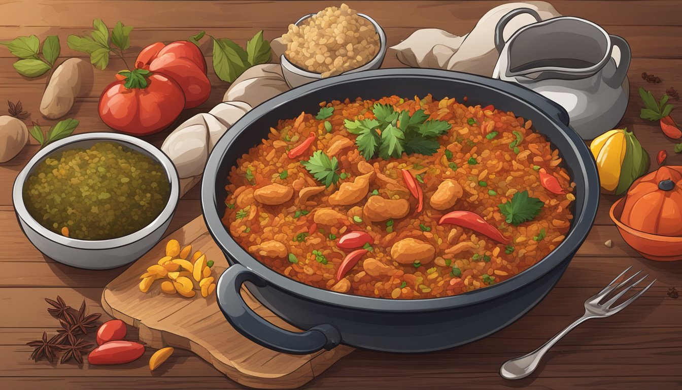 A steaming bowl of jambalaya sits on a rustic wooden table, surrounded by colorful spices and herbs. A fork rests next to the bowl, ready to dig in