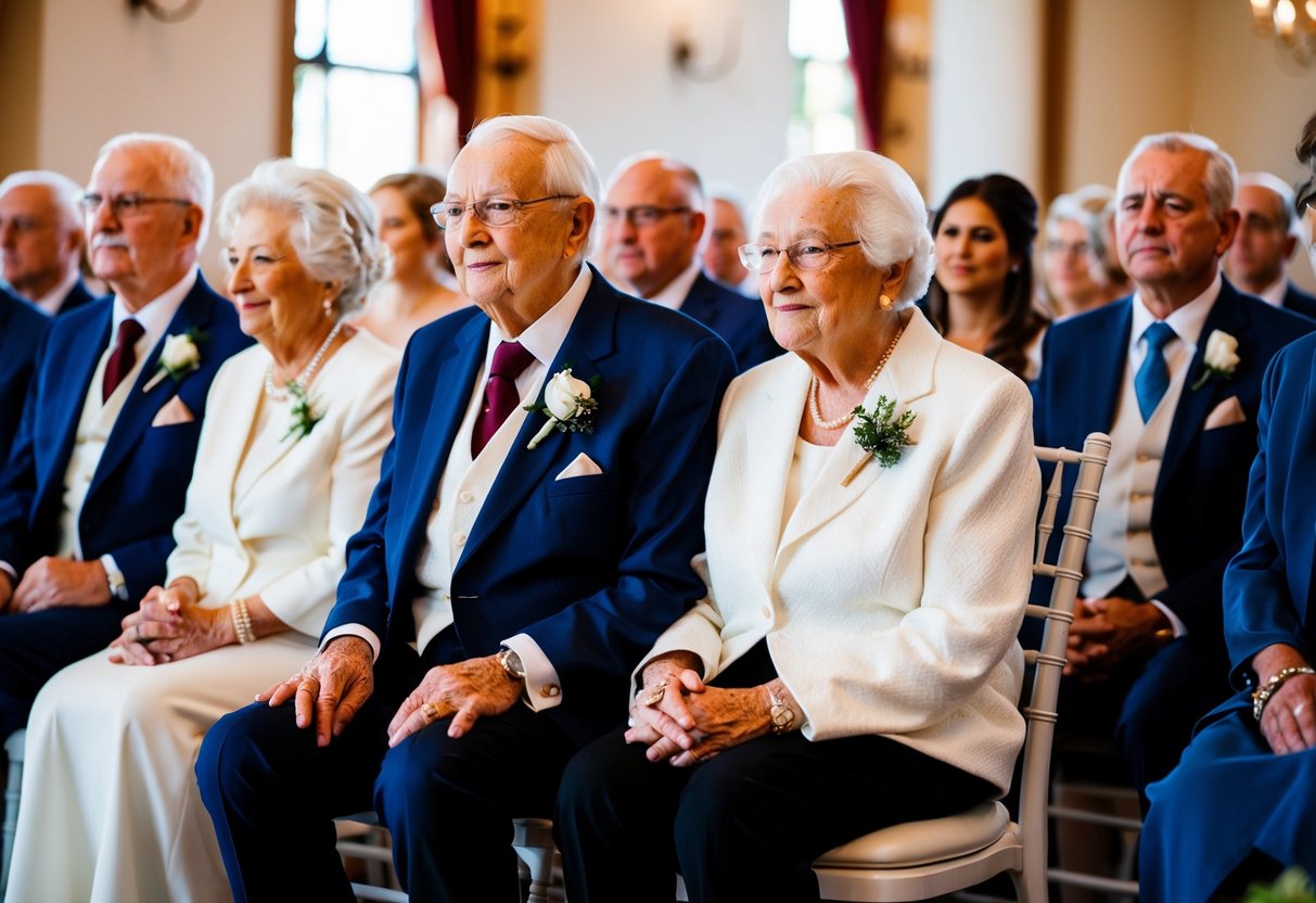 Elderly couple escorted to front row, seated with honor at wedding ceremony