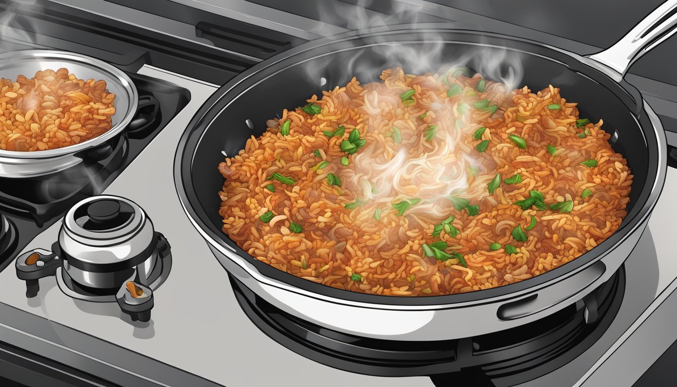 A sizzling skillet with kimchi fried rice being heated over a gas stove, steam rising and the aroma filling the air