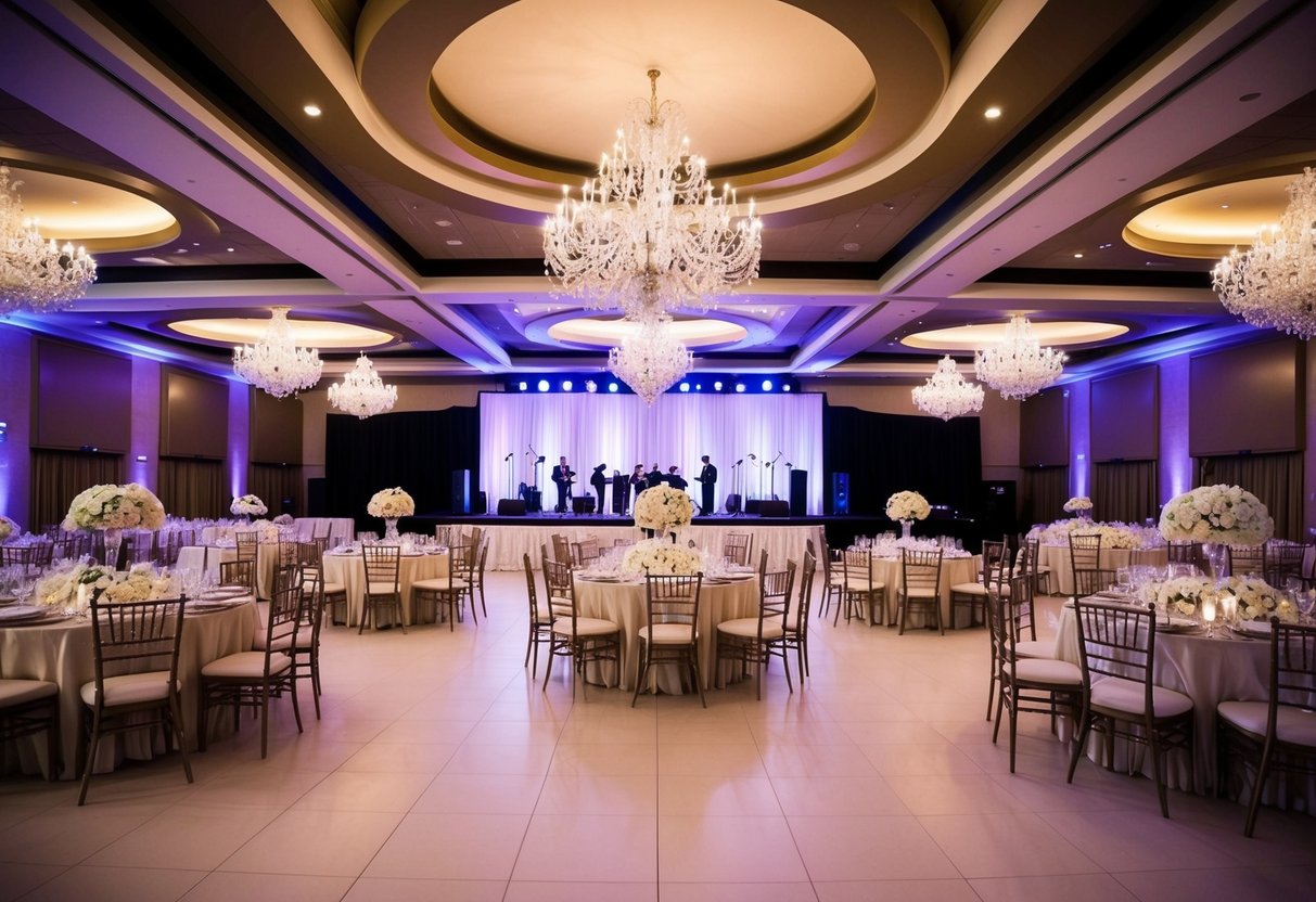 A grand wedding venue with a large banquet hall filled with elegantly decorated tables, a spacious dance floor, and a stage for the band