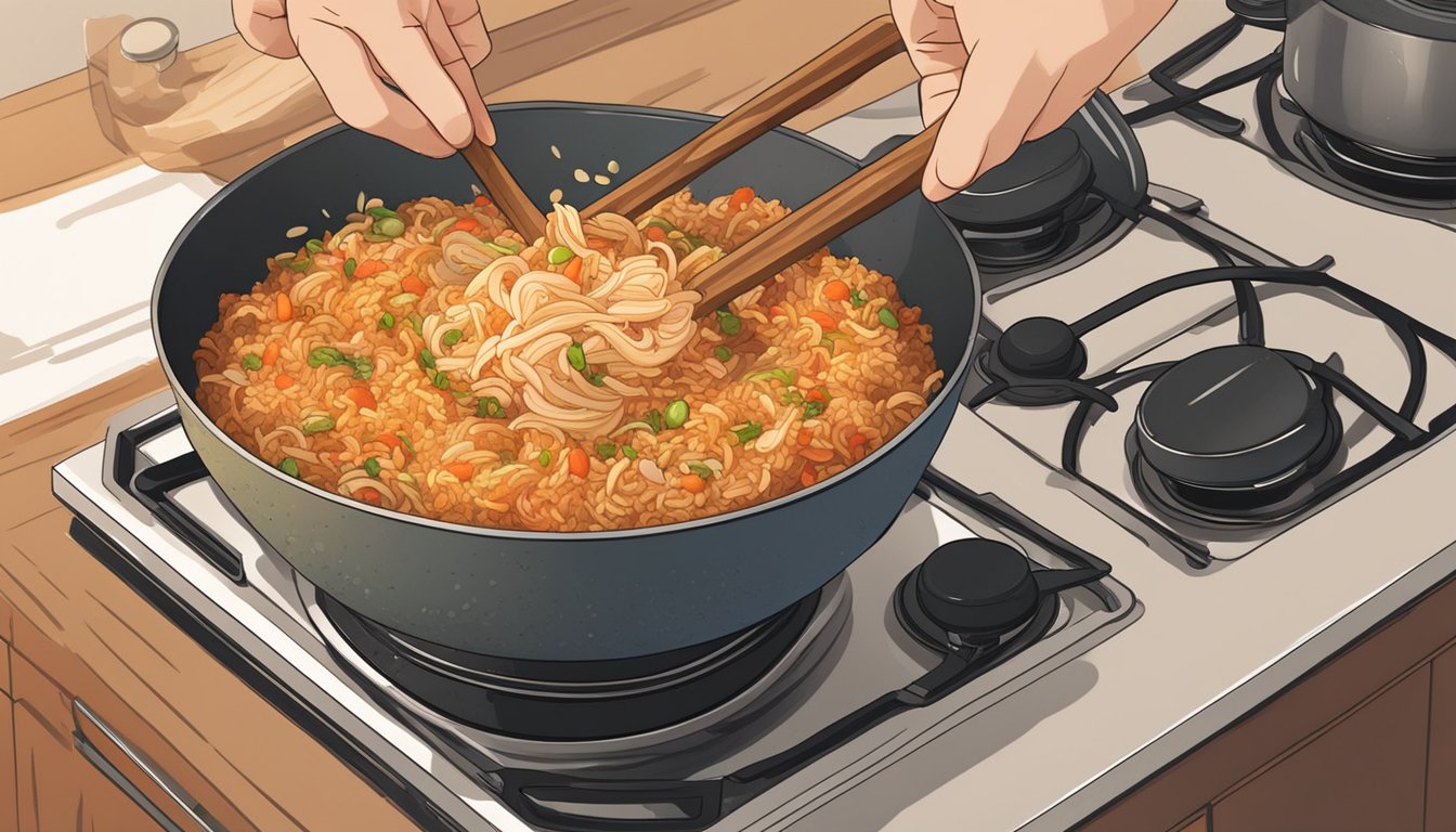 A steaming bowl of kimchi fried rice sits on a stovetop, surrounded by swirling heat. The fragrant dish is being gently stirred with a wooden spoon