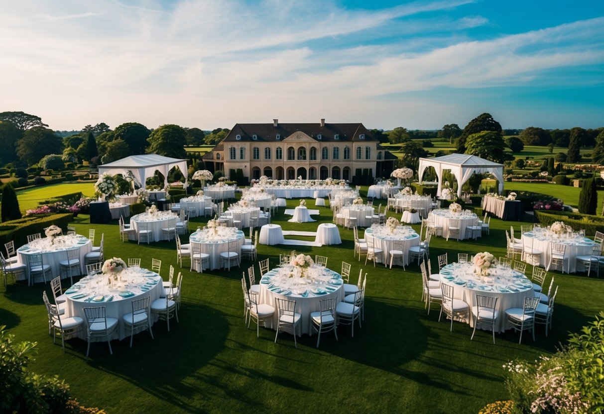 A grand wedding venue with a large banquet hall filled with tables, chairs, and elegant decor, surrounded by lush gardens and a picturesque landscape