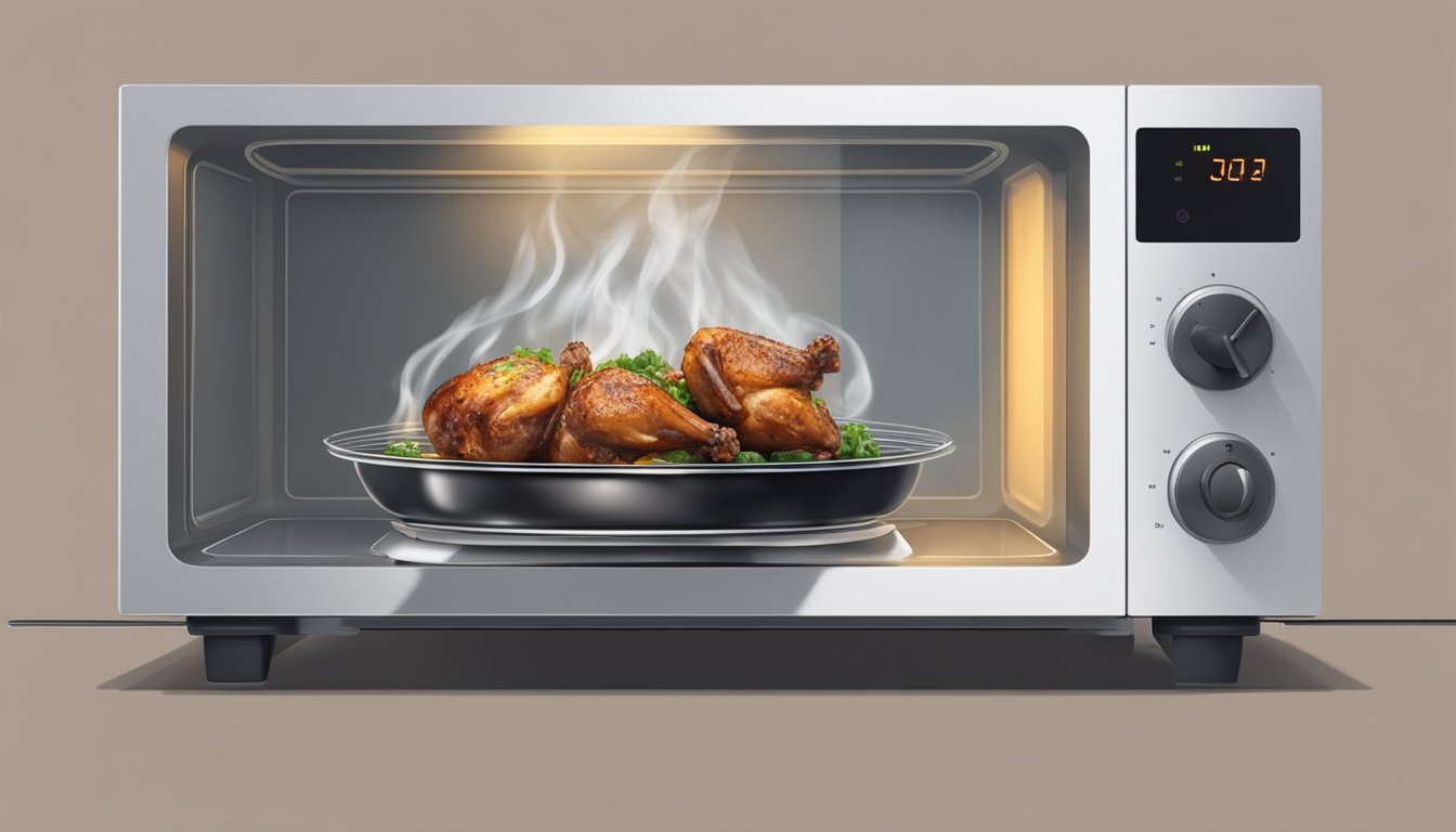 A plate of jerk chicken is being heated in a microwave. The steam rises from the sizzling meat as it rotates on the glass turntable