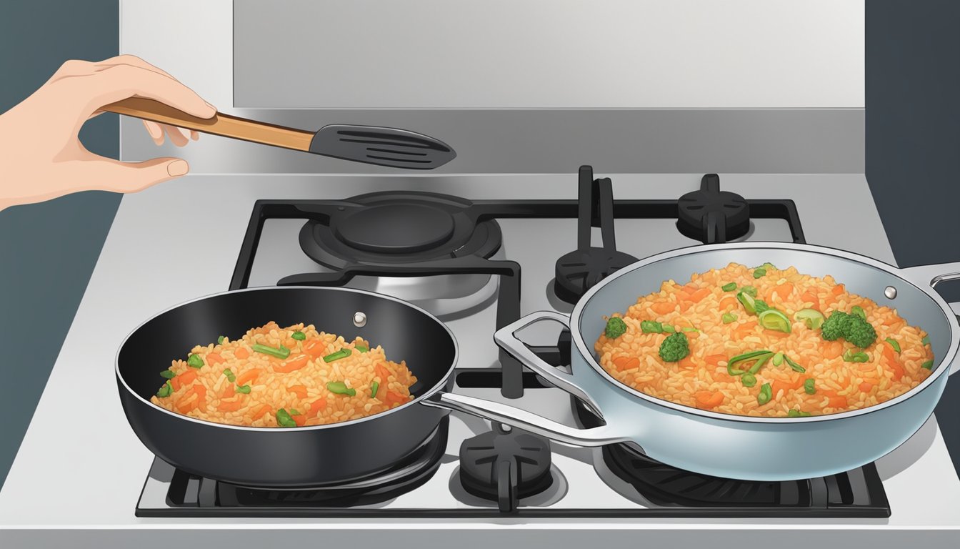 A person reheating kimchi fried rice in a non-stick pan on a stovetop, using a spatula to stir and ensure even heating