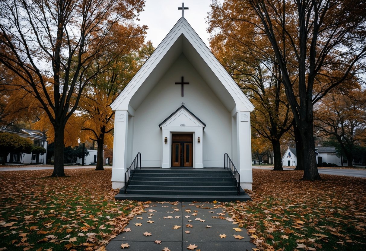 An empty wedding chapel in November, with fallen leaves outside