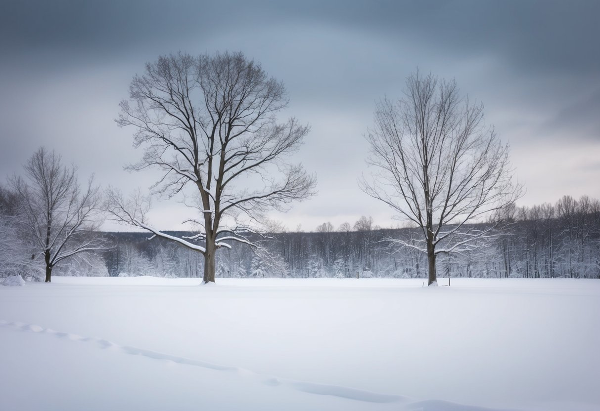 A barren winter landscape with snow-covered trees and a gray sky, depicting the least popular month for weddings