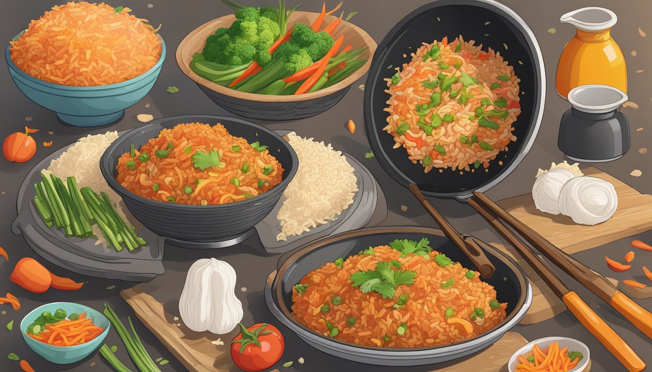 A steaming bowl of kimchi fried rice sits on a sizzling hot skillet, surrounded by colorful vegetables and the aroma of sizzling garlic and kimchi