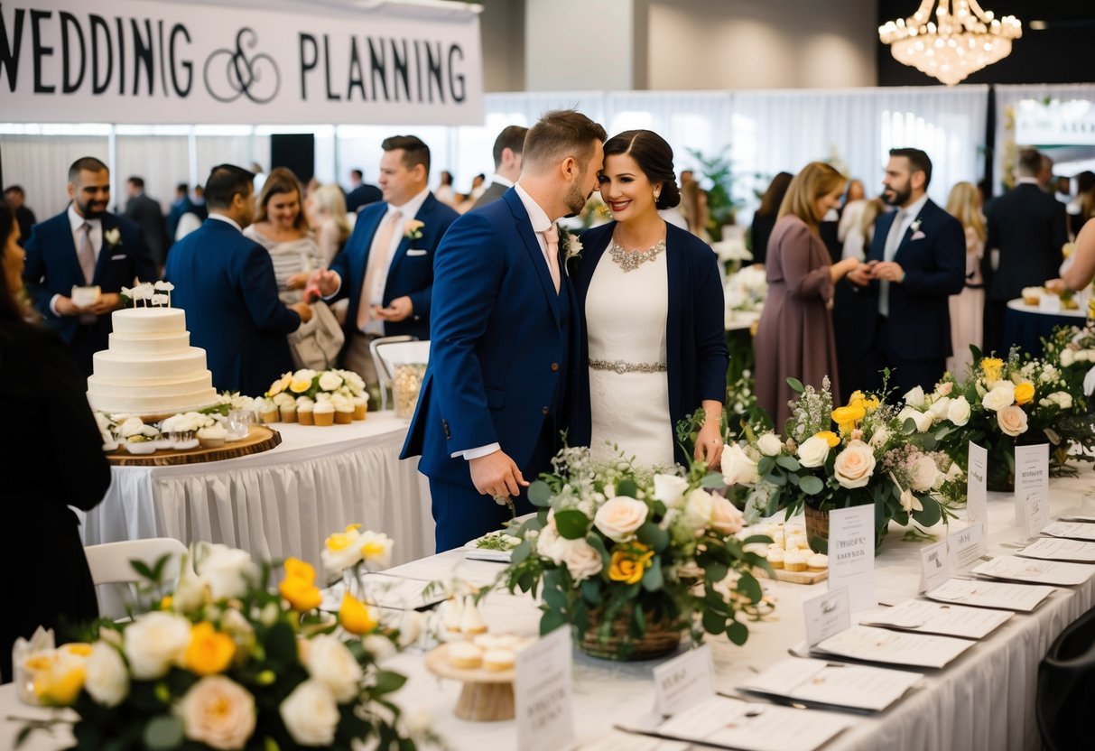 A bustling wedding expo with vendors, couples, and planners. Tables display floral arrangements, cakes, and invitations. A large banner reads "Wedding Planning"