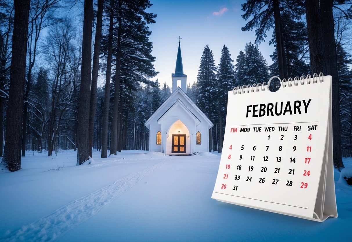 An empty wedding chapel in a snow-covered forest, with a calendar showing February