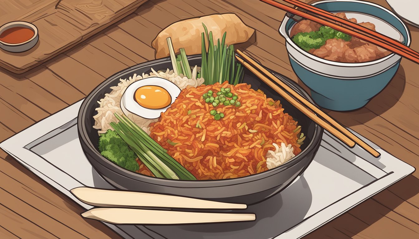 A steaming bowl of kimchi fried rice sits on a wooden table, surrounded by chopsticks and a small dish of extra kimchi