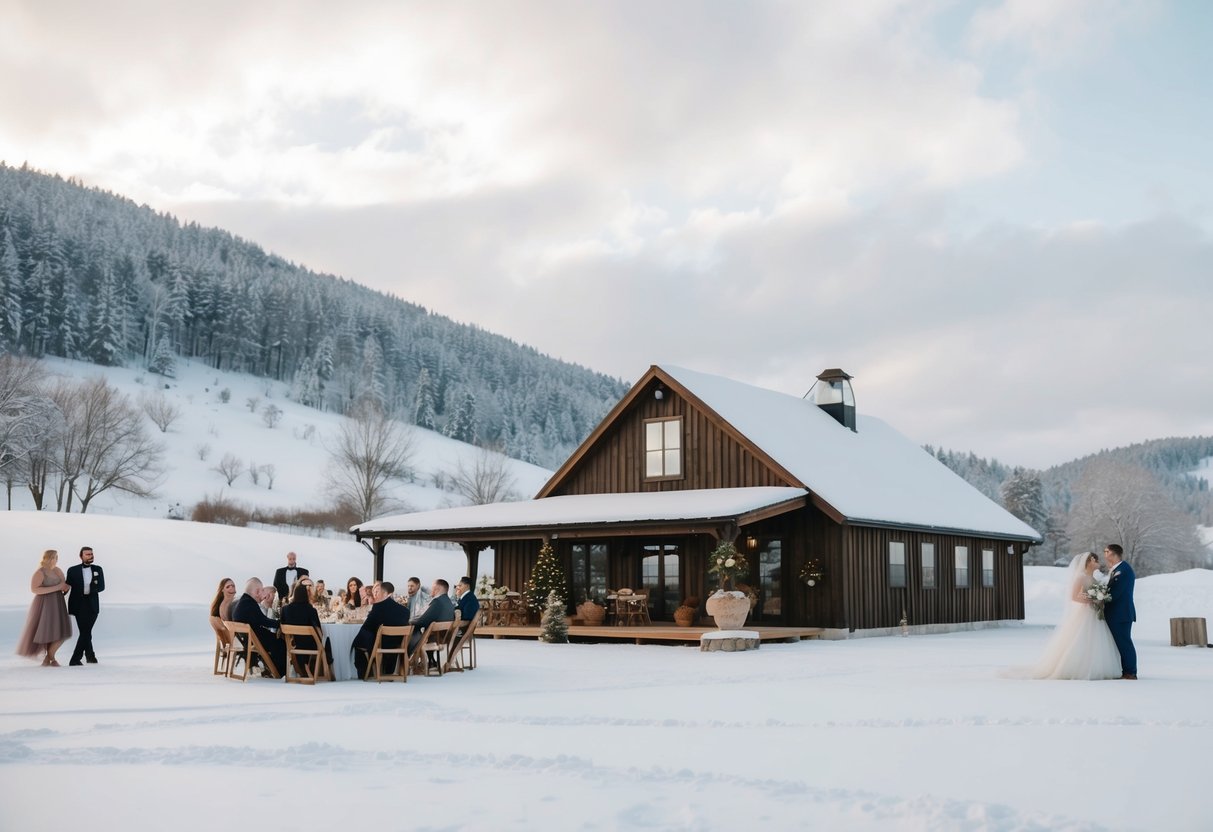 A serene, snow-covered landscape with a cozy, rustic wedding venue and a small gathering of guests enjoying a peaceful off-season wedding