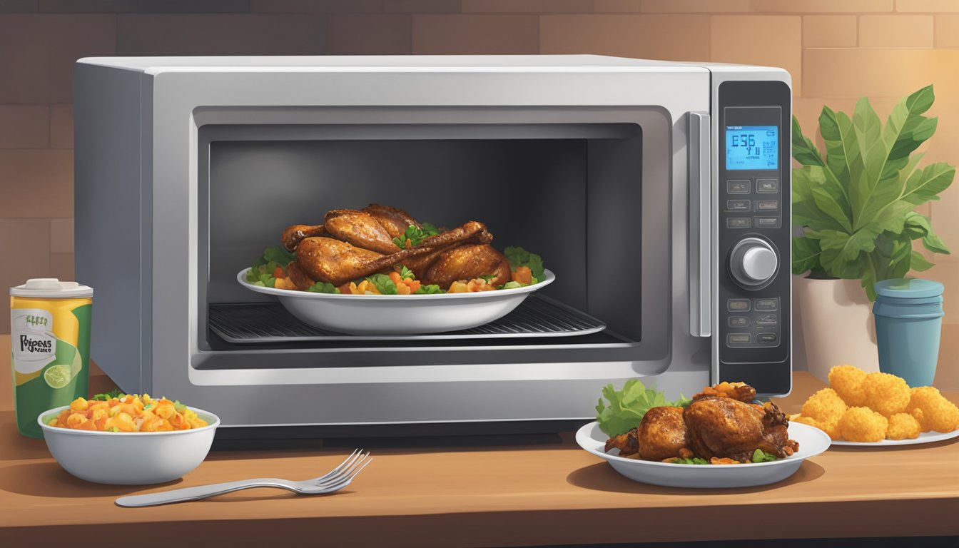 A microwave with a plate of Jamaican jerk chicken inside, steam rising from the hot food. A container of leftovers sits nearby