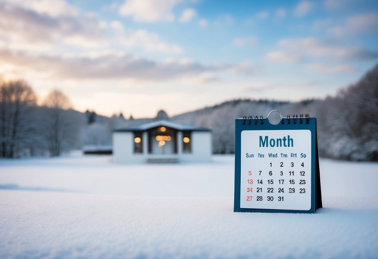 An empty wedding venue in a serene, snow-covered landscape, with a calendar showing a less popular month highlighted