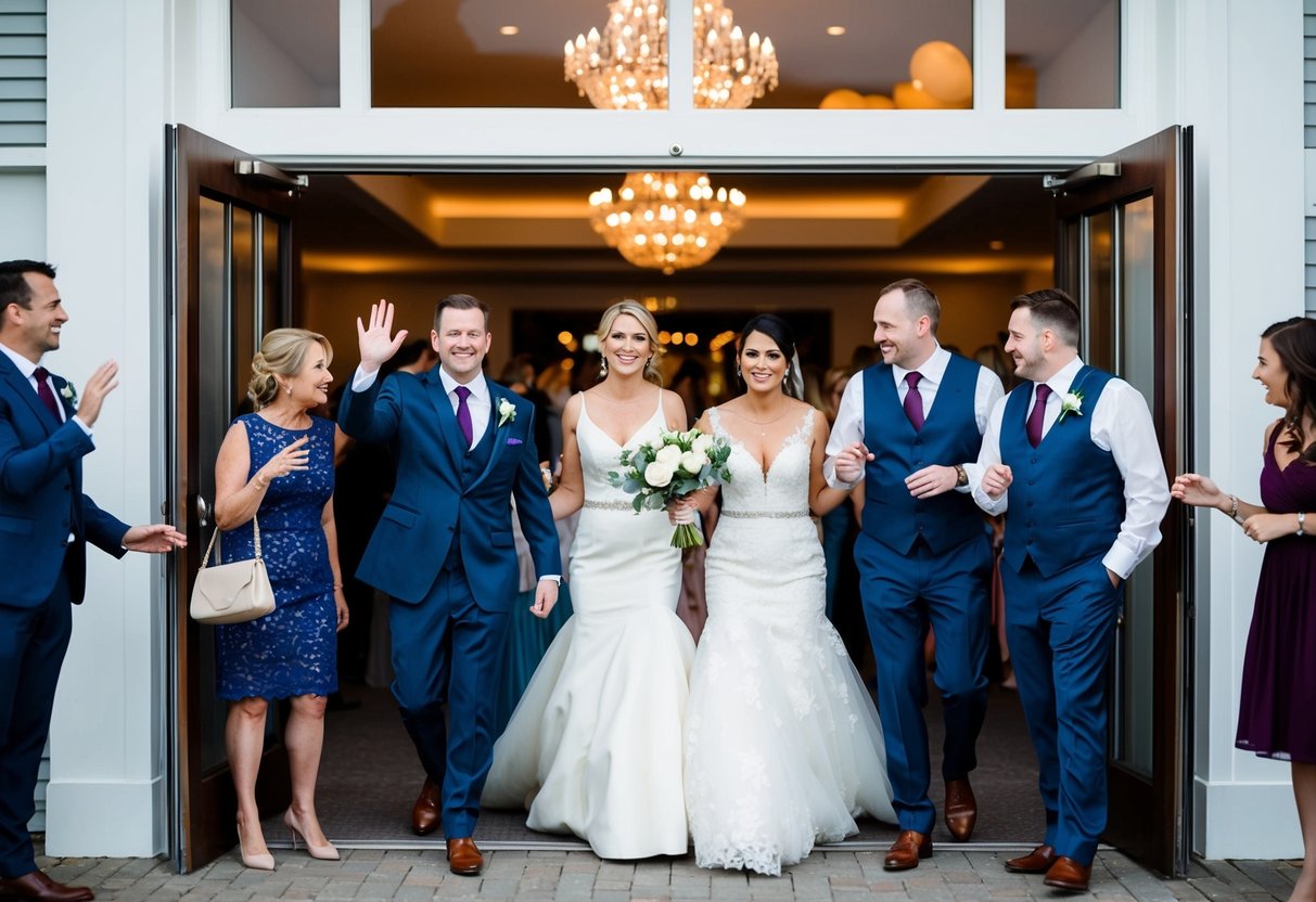 Guests exiting wedding reception, some waving to hosts, others chatting by the door, while a few slip away unnoticed