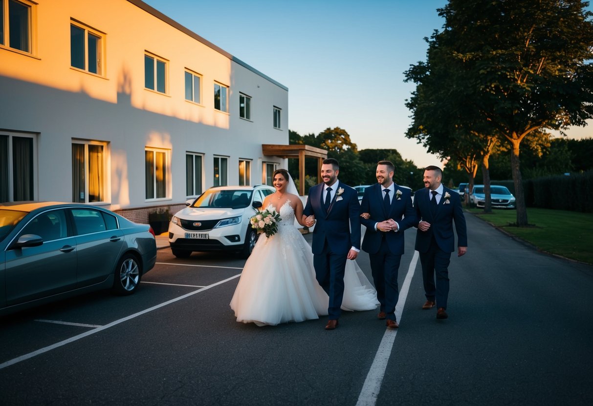 Guests exiting wedding venue at dusk, with soft golden light casting long shadows. A few cars parked outside, and a serene, empty street