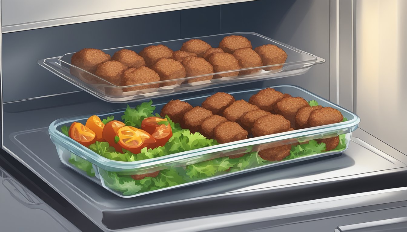 A plate of kofta kebabs being stored in an airtight container in the refrigerator, with a microwave in the background for reheating