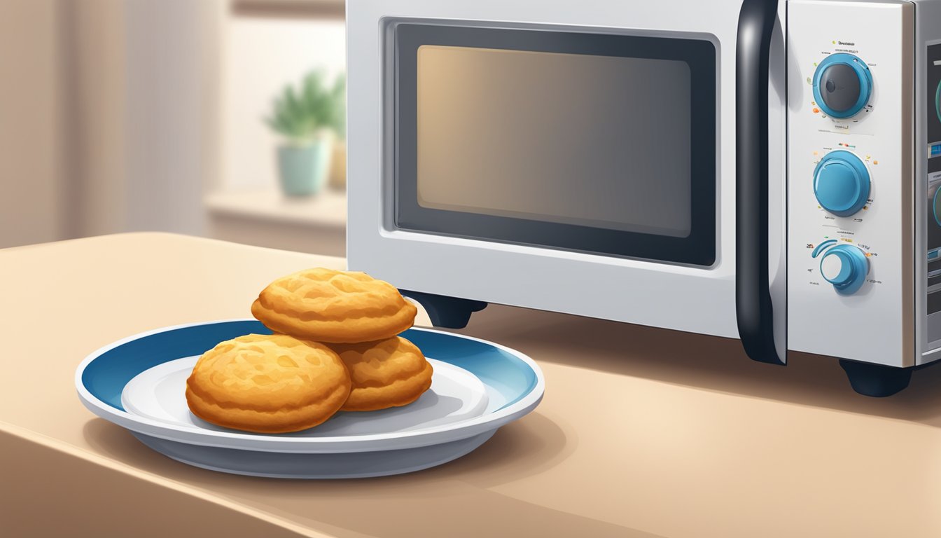 A plate of kachoris arranged neatly on a microwave-safe dish, with a cover placed on top. A microwave oven in the background