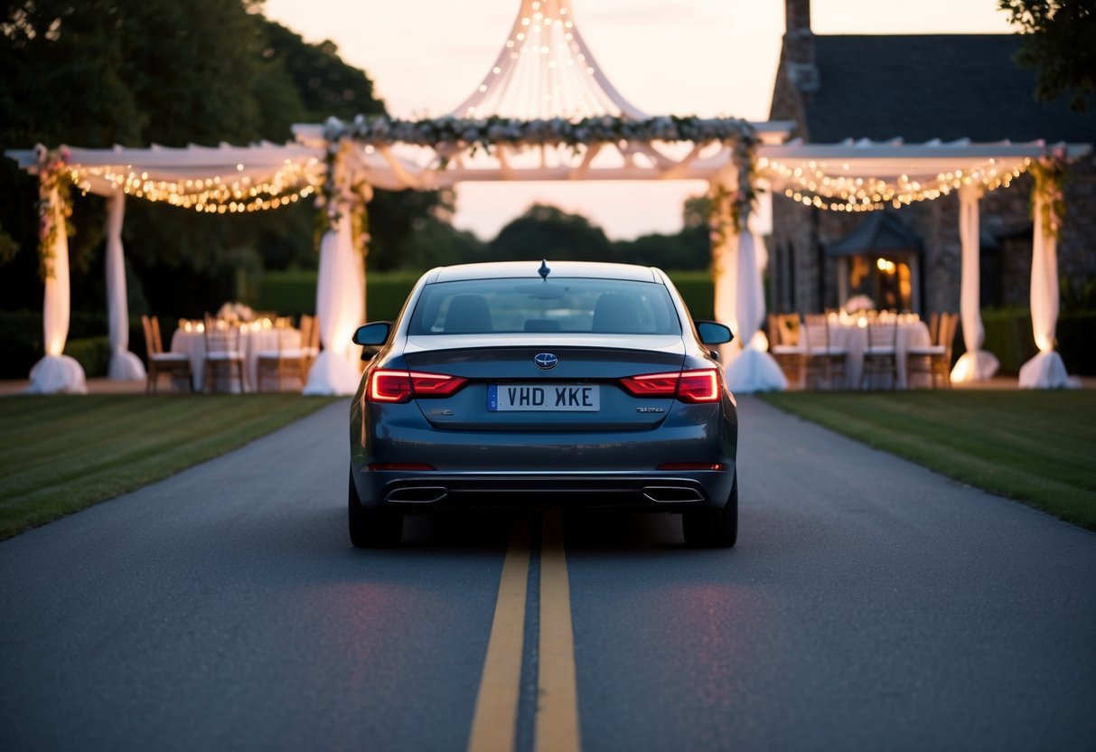 A car driving away from a beautifully decorated wedding venue at dusk
