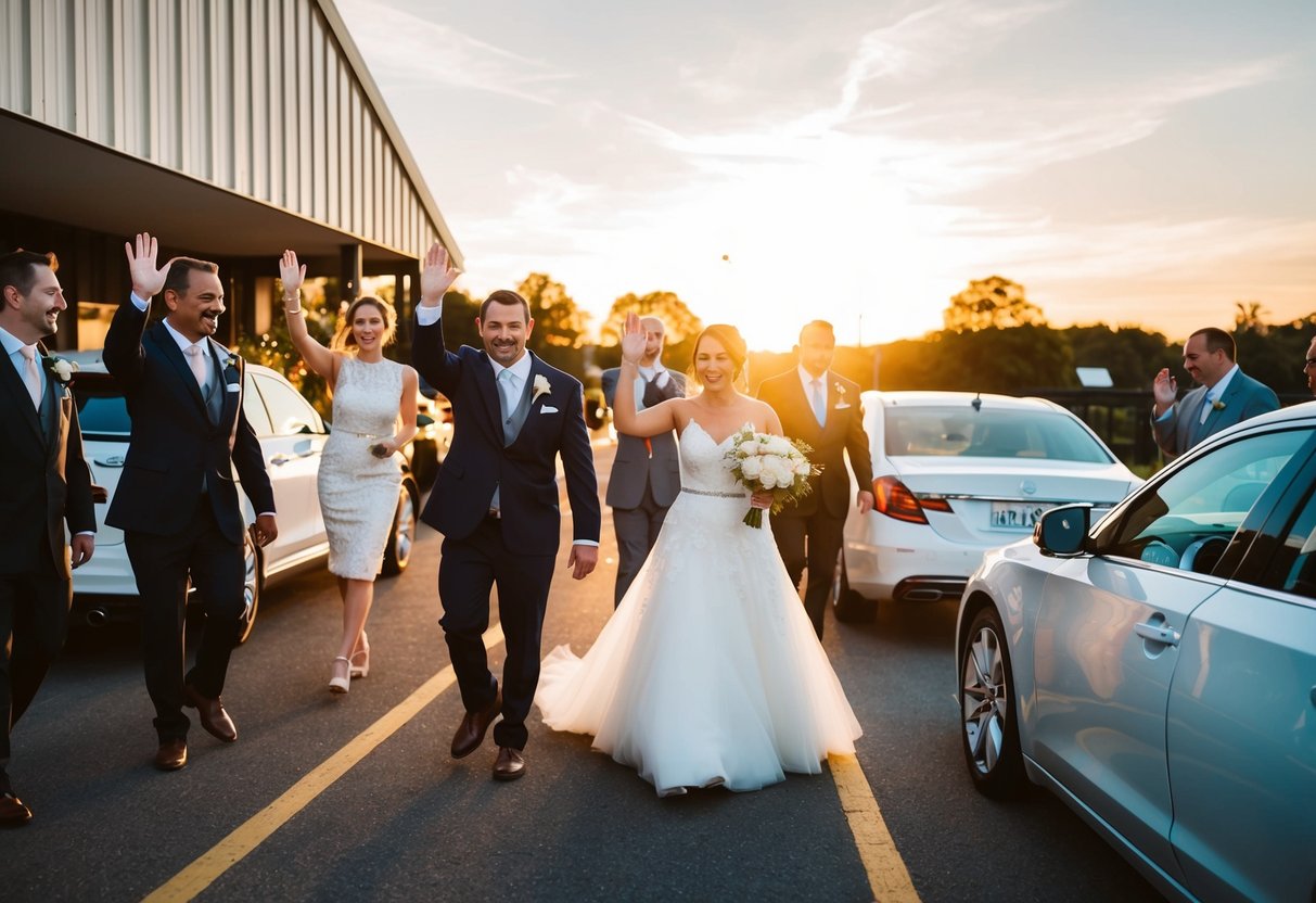 Guests exiting wedding venue, some waving to hosts, others chatting as they head to cars. Sunset casts warm glow on the scene