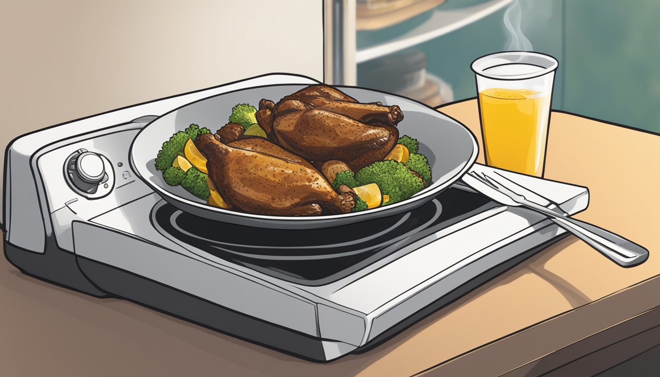 A plate of jerk chicken sits on a microwave-safe dish, with a microwave in the background and a fork nearby