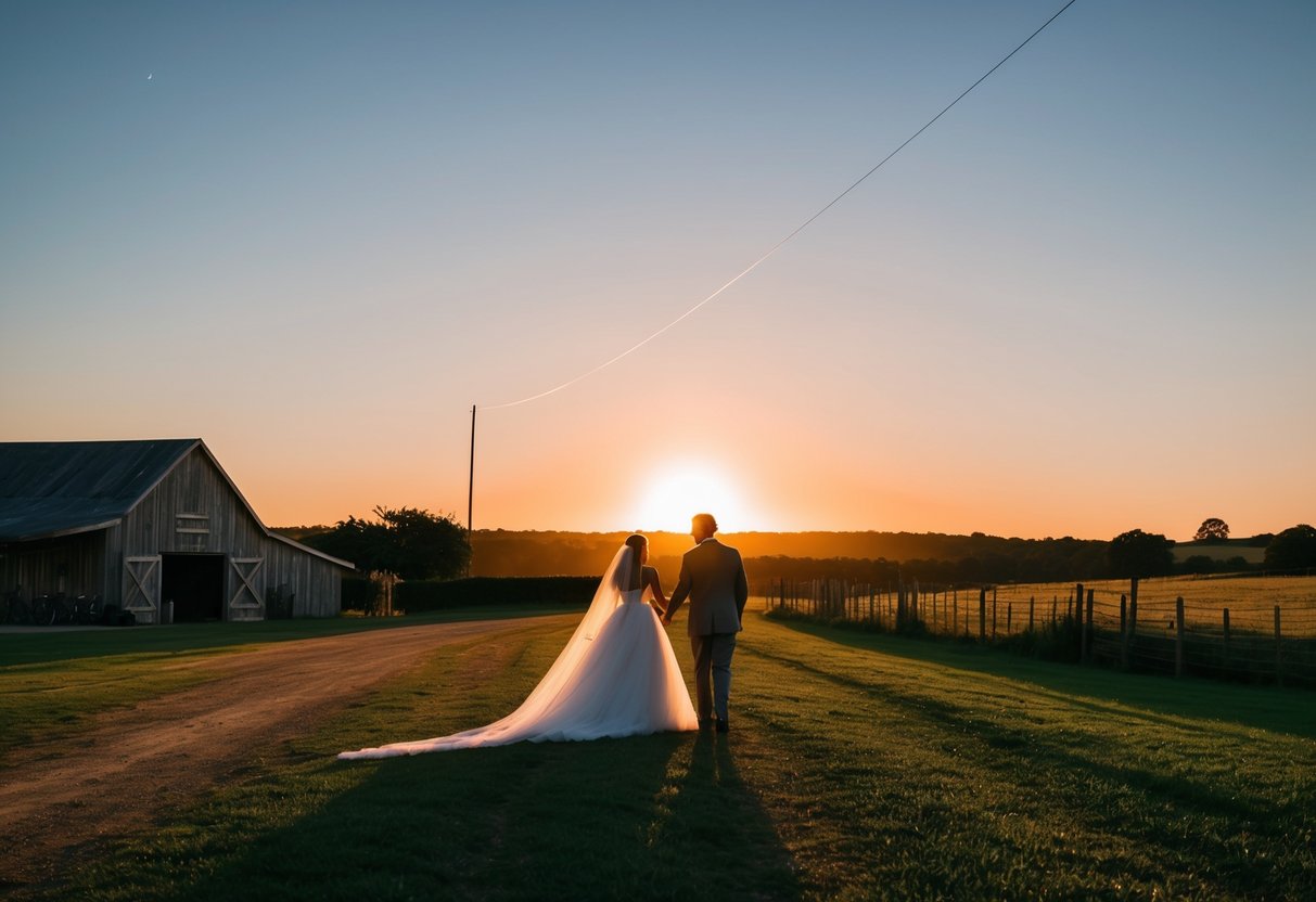 The sun sets over a rustic countryside wedding venue, casting a warm glow on the newlyweds as they prepare to depart