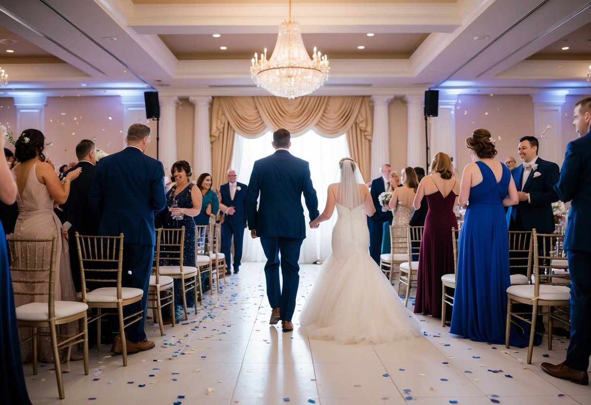 Guests exiting grand wedding venue, leaving without farewells. Empty chairs, scattered confetti, and abandoned dance floor convey the impact of early departures