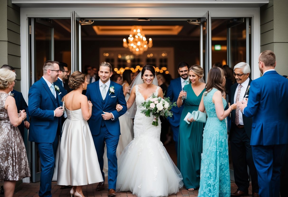 Guests quietly exiting a wedding reception, with the bride and groom still mingling with remaining guests