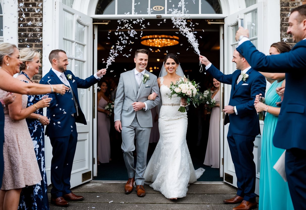 The bride and groom stand at the exit, surrounded by well-wishers and confetti, ready to depart for their honeymoon