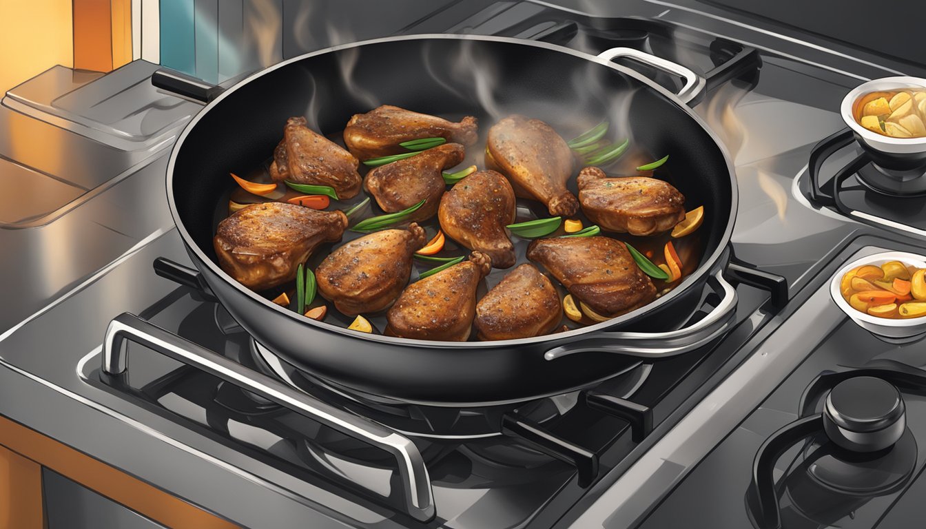 A stovetop with a sizzling skillet holding pieces of jerk chicken being reheated