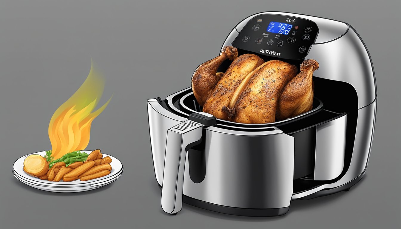 A jerk chicken piece placed inside an air fryer, surrounded by the appliance's interior, with the digital display showing the timer and temperature settings