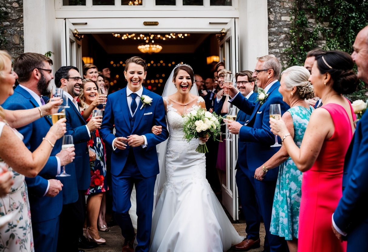 The bride and groom are surrounded by well-wishers, laughing and clinking glasses, as they make their way towards the exit