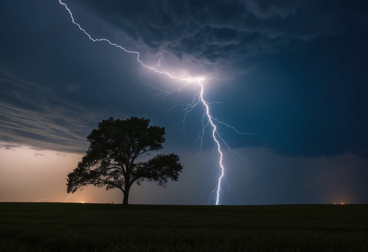 A stormy, dark sky with lightning striking a solitary tree