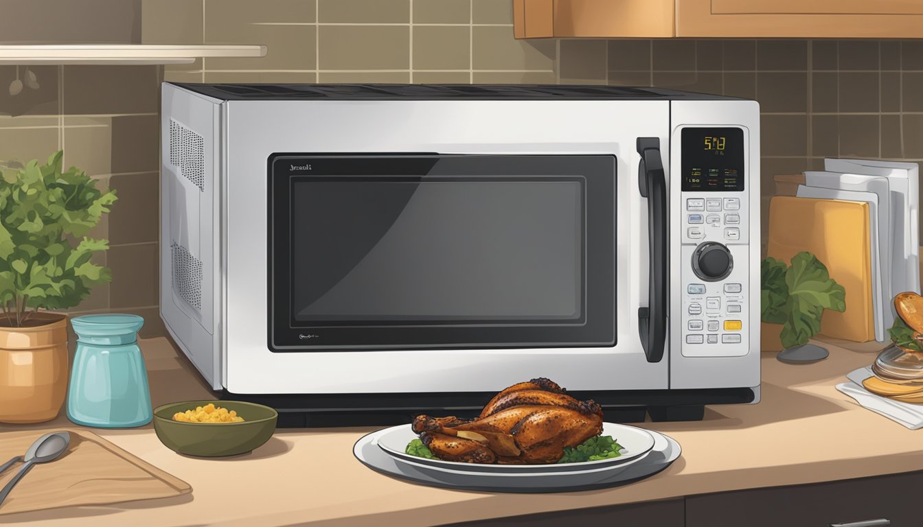 A plate of jerk chicken sits on a microwave-safe dish next to a microwave. A pot of simmering water and a skillet are on the stove