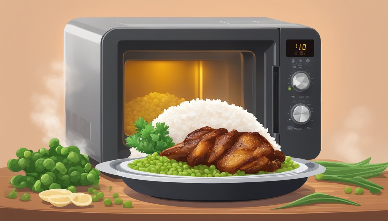 A plate of jerk chicken being reheated in a microwave, steam rising from the succulent meat, with a side of rice and peas