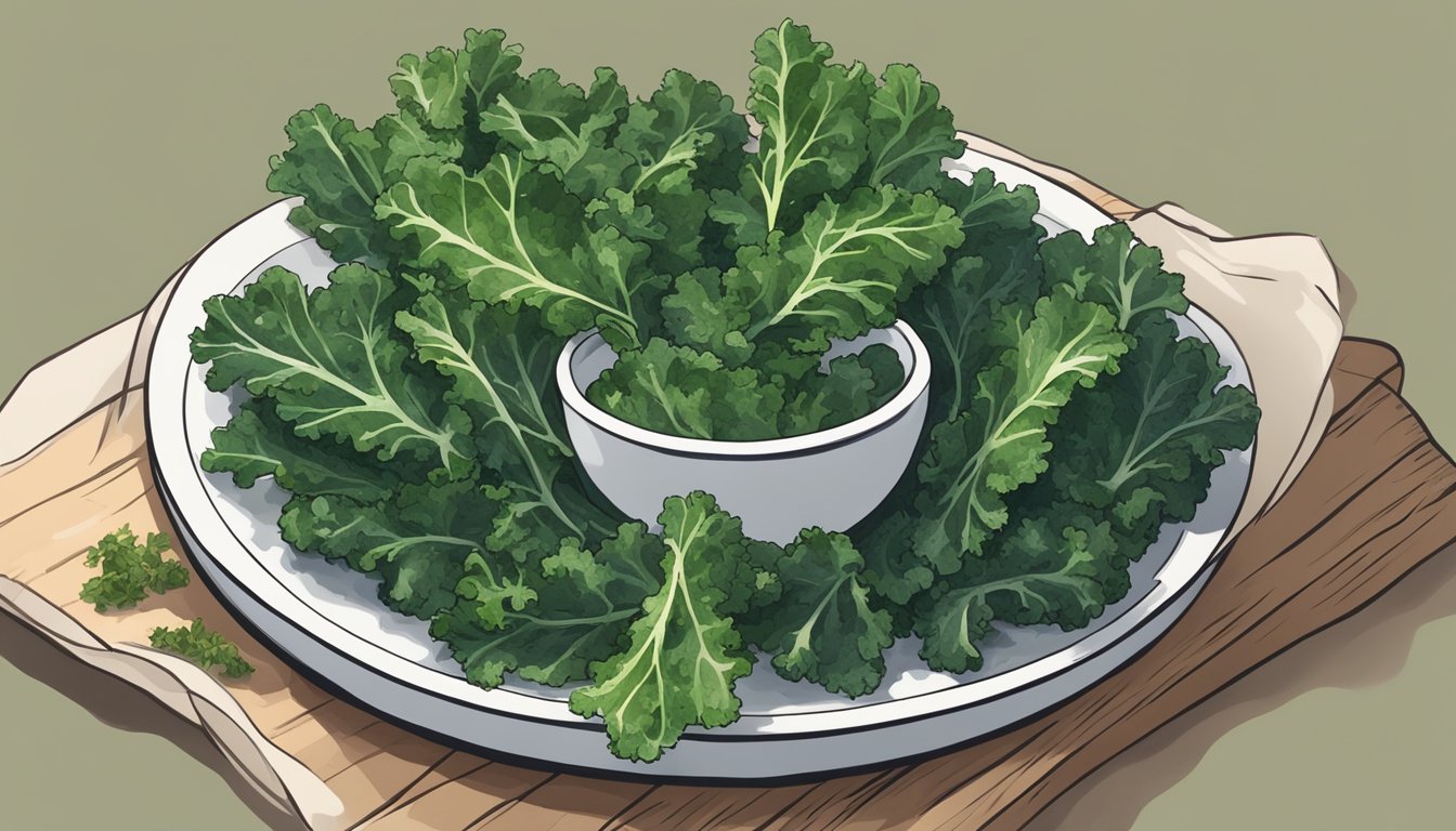 Freshly baked kale chips arranged on a baking sheet, with a small bowl of olive oil and a sprinkle of sea salt nearby