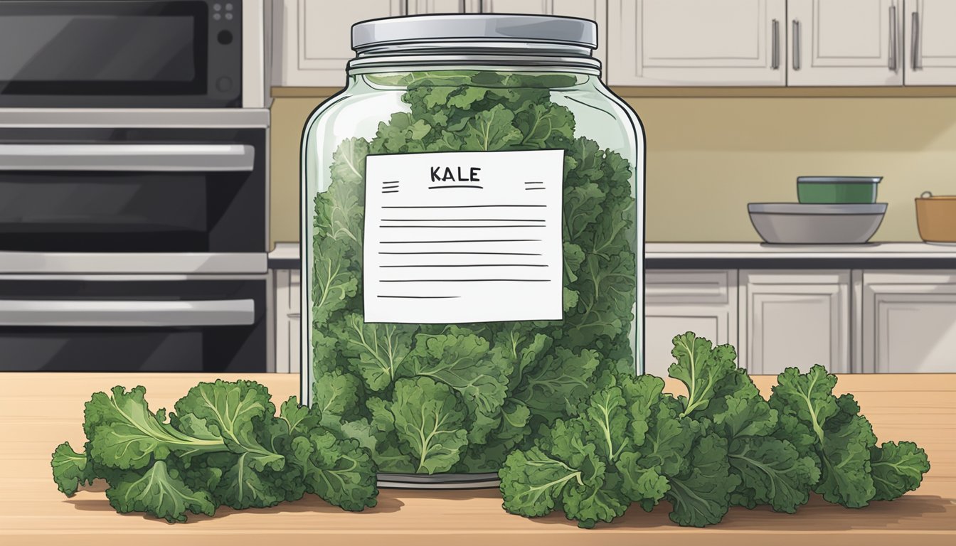 A glass jar filled with kale chips sits on a kitchen counter next to a note listing pre-reheat storage tips