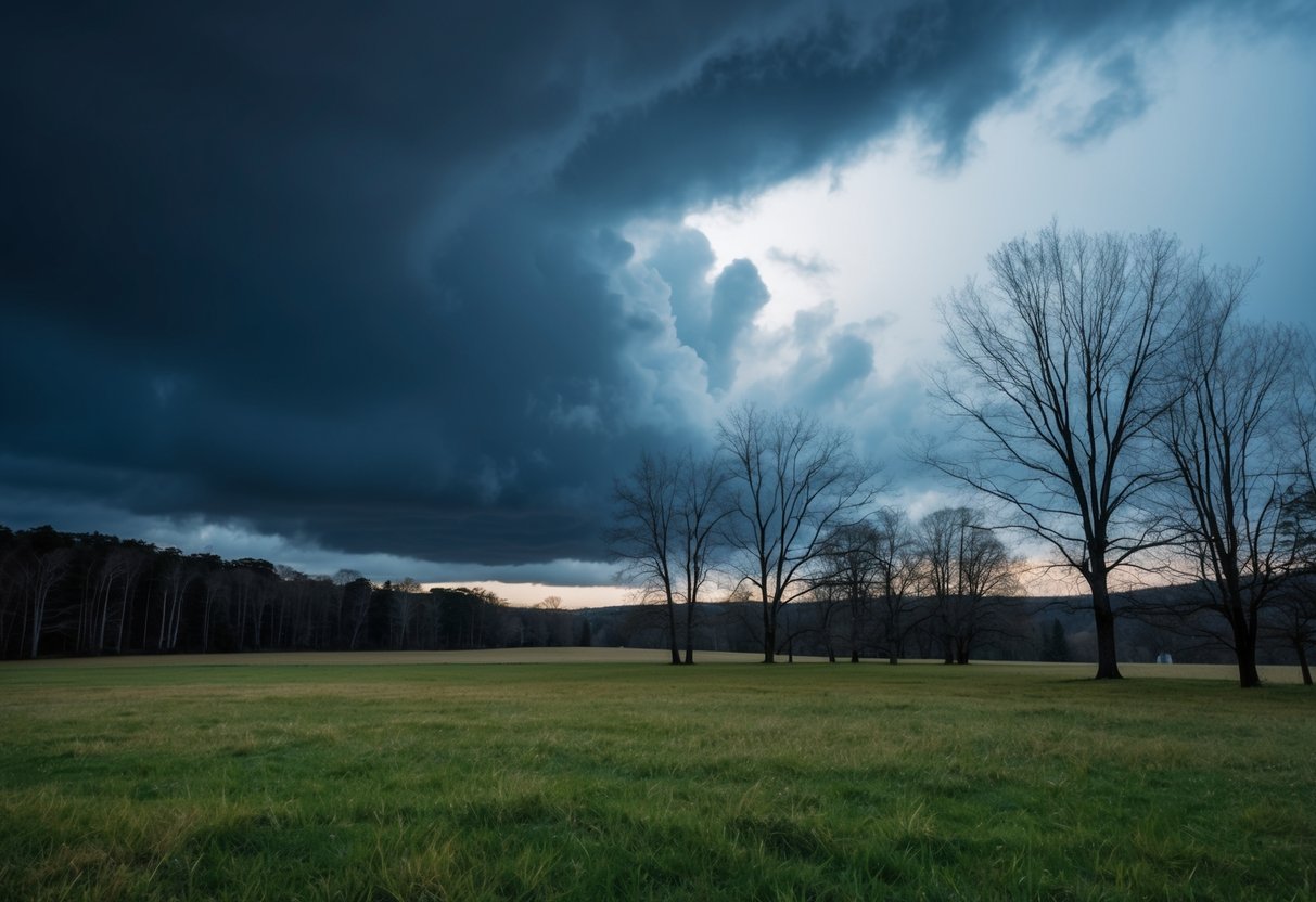 A gloomy, stormy November landscape with dark clouds and bare trees
