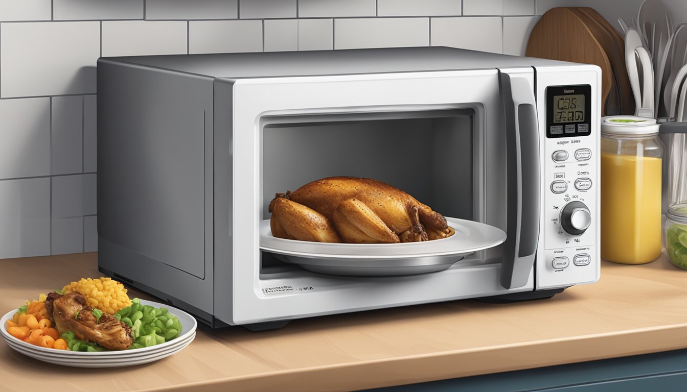 A microwave with a plate of jerk chicken covered with a microwave-safe lid, a food thermometer, and a timer nearby