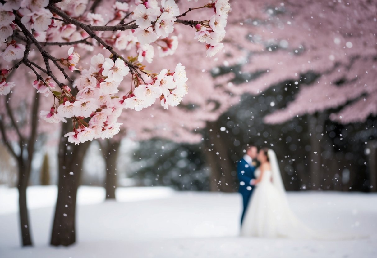 A serene outdoor wedding scene with blooming cherry blossoms in spring, or a cozy indoor ceremony with falling snow in winter