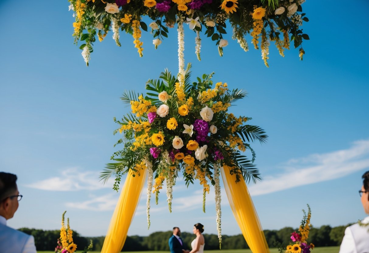 A sunny outdoor wedding ceremony with vibrant flowers and a clear blue sky, symbolizing luck and happiness in 2024