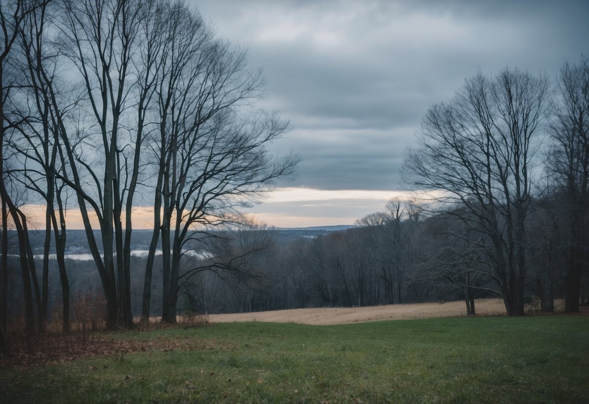 A gloomy November landscape with bare trees and gray skies